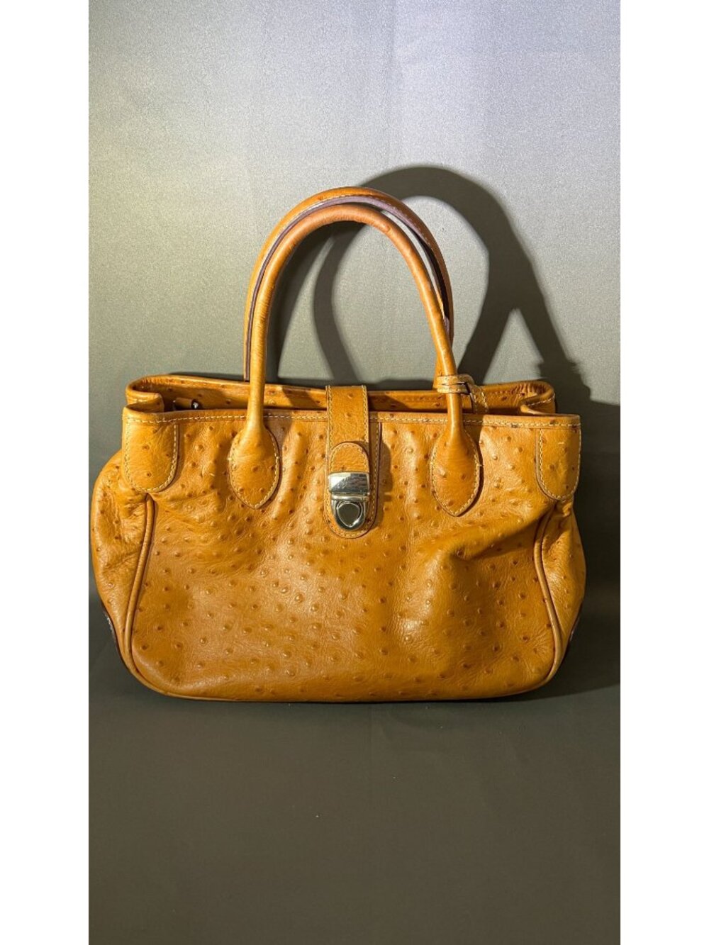 Dooney & Bourke Ostrich-Embossed Leather Satchel Brown Handbag Classic